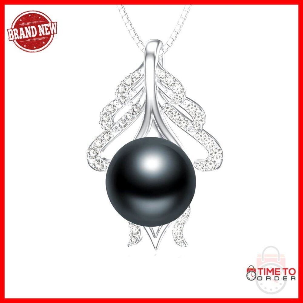925 Sterling Silver Black Pearl Pendant Necklace 7-9mm 18+2in Chain